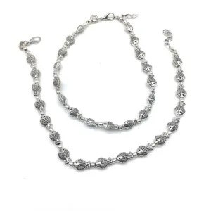 German Oxidised Silver Anklets Fish Engraved Payal Design Silver Plating with Beads Foot Jewellery