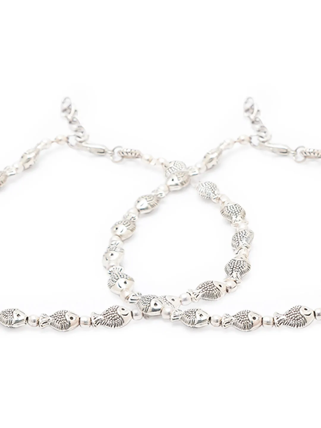 German Oxidised Silver Anklets Fish Engraved Payal Design Silver Plating with Beads Foot Jewellery