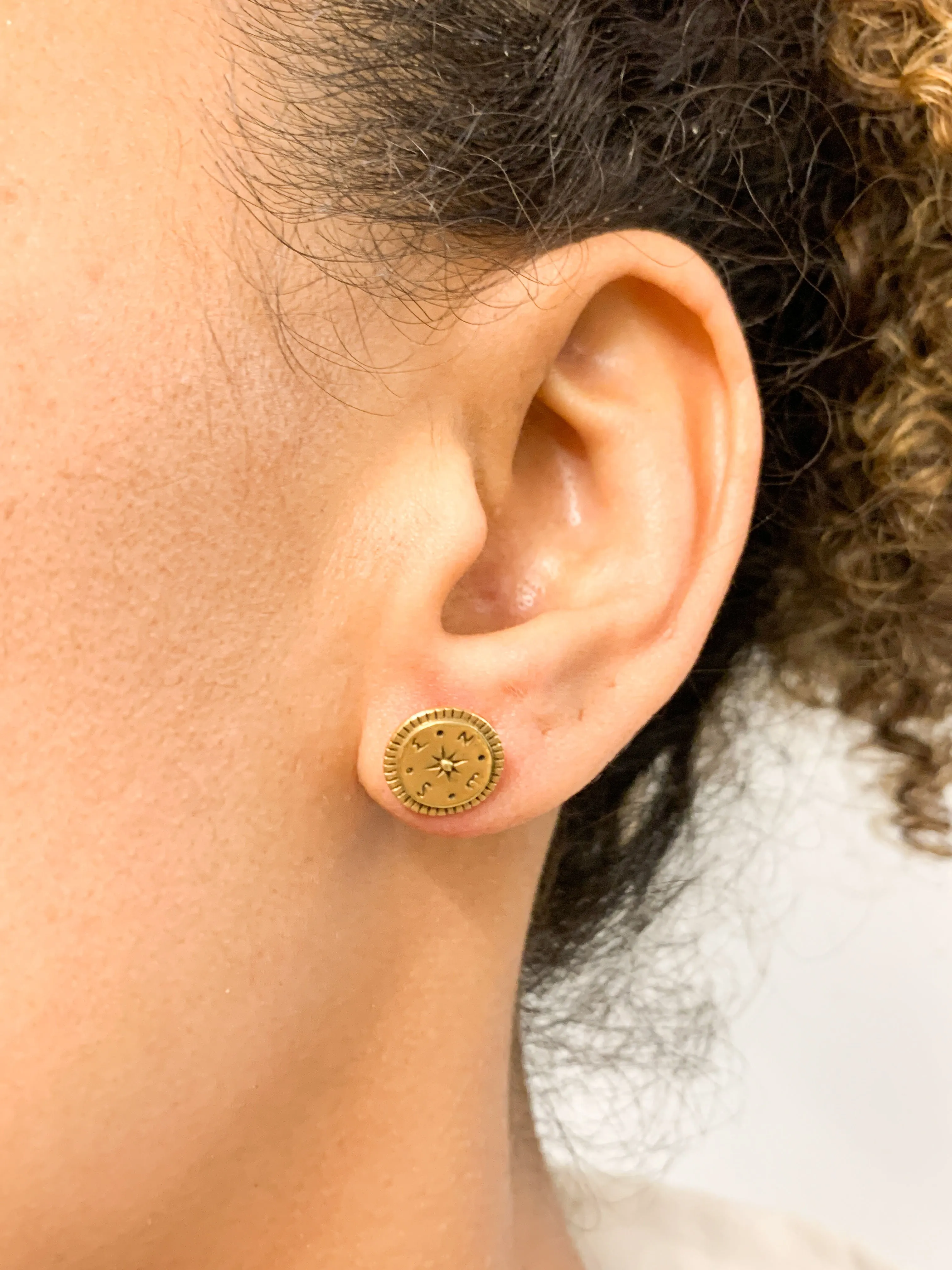Gold Compass Earrings - Round Gold Studs - North Star Earrings