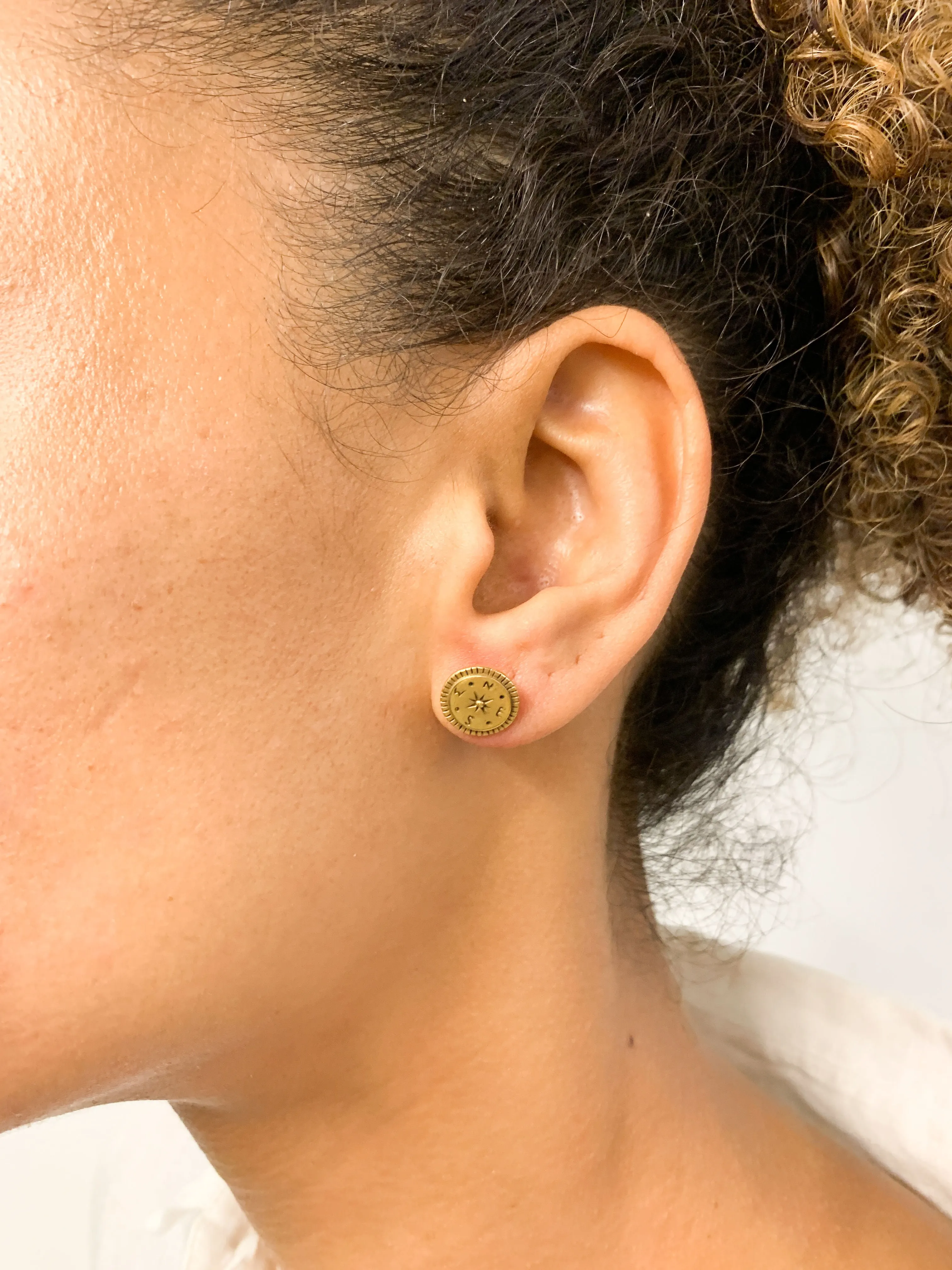 Gold Compass Earrings - Round Gold Studs - North Star Earrings