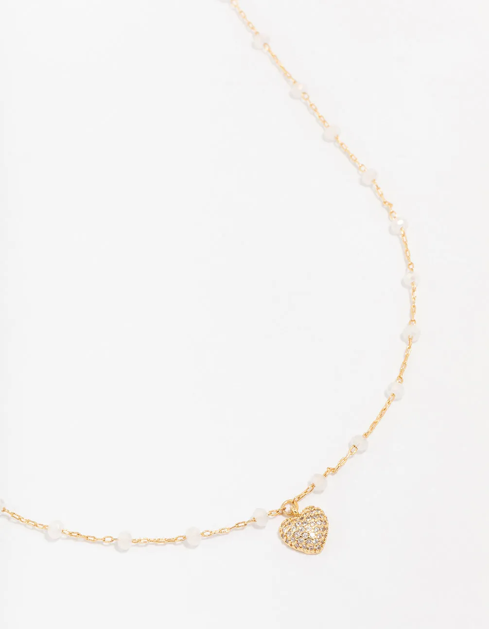 Gold Plated Brass Station Puffy Cubic Zirconia Heart Pendant Necklace