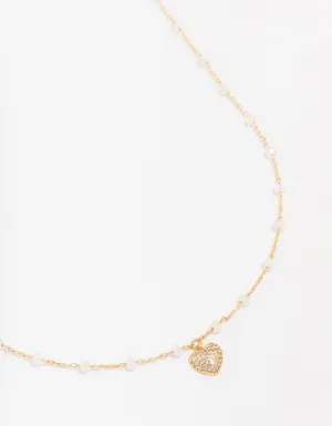 Gold Plated Brass Station Puffy Cubic Zirconia Heart Pendant Necklace