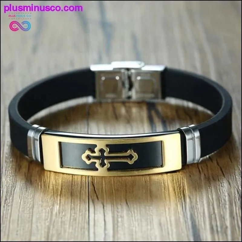 Gold Tone Cross Cuff Bracelet for Men Black Rubber Bracelets