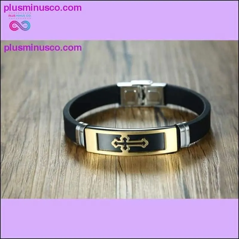 Gold Tone Cross Cuff Bracelet for Men Black Rubber Bracelets