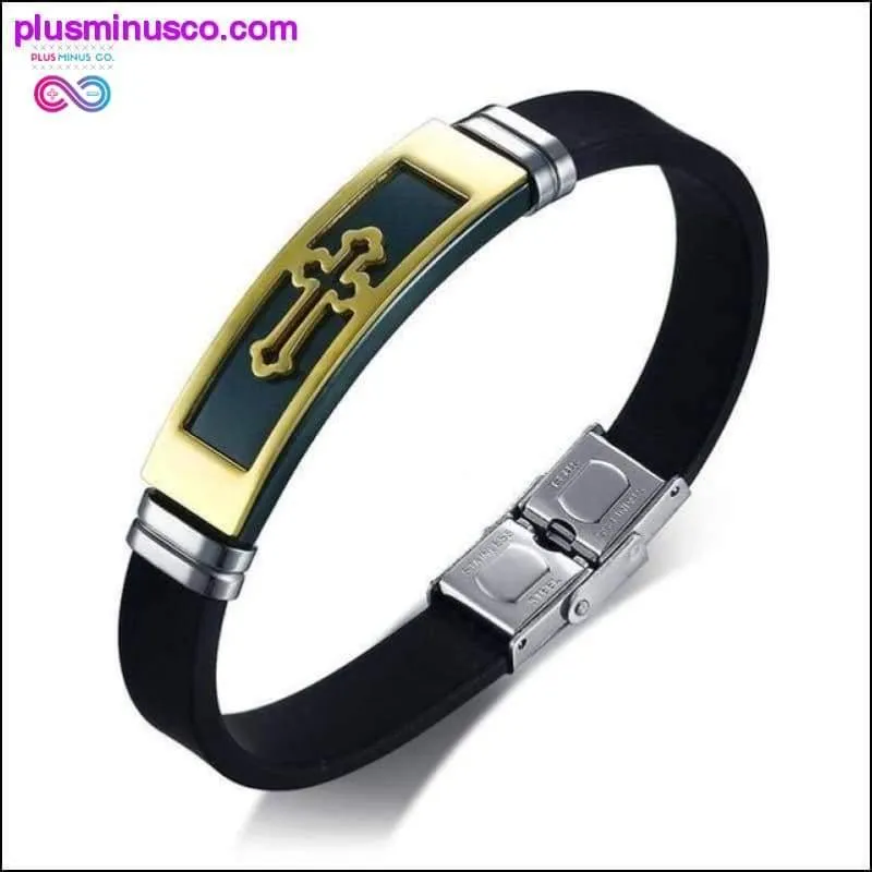 Gold Tone Cross Cuff Bracelet for Men Black Rubber Bracelets