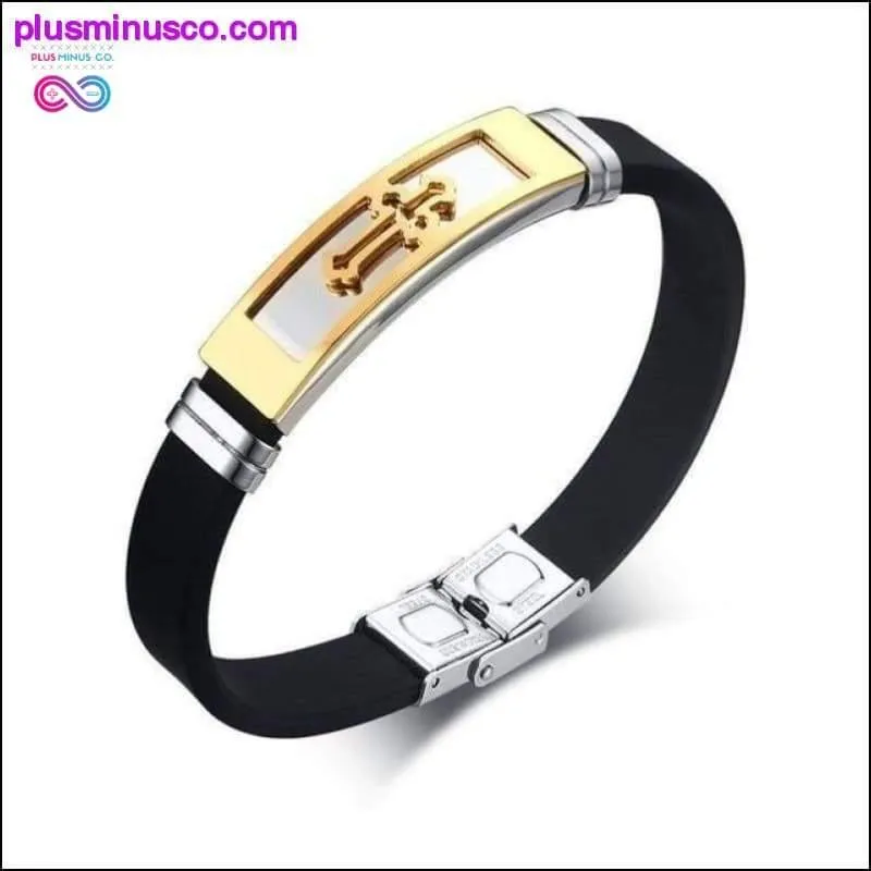 Gold Tone Cross Cuff Bracelet for Men Black Rubber Bracelets
