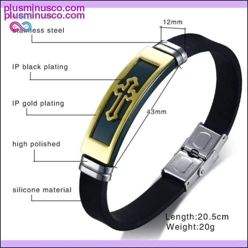 Gold Tone Cross Cuff Bracelet for Men Black Rubber Bracelets
