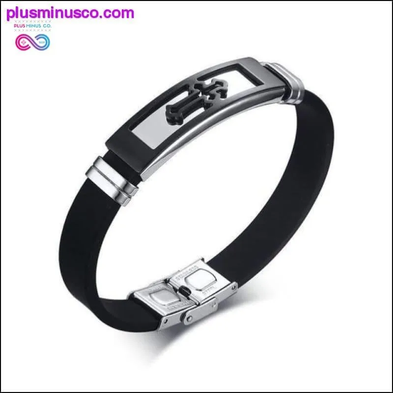 Gold Tone Cross Cuff Bracelet for Men Black Rubber Bracelets
