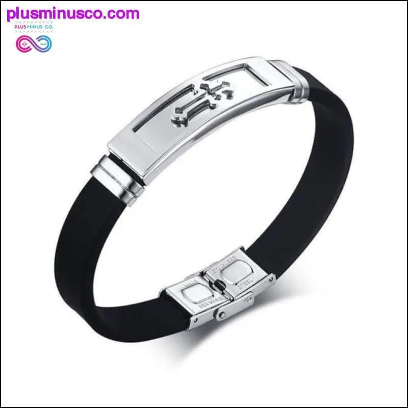 Gold Tone Cross Cuff Bracelet for Men Black Rubber Bracelets