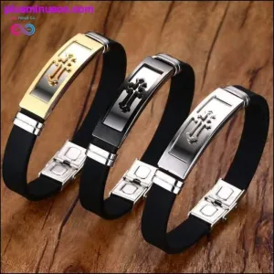 Gold Tone Cross Cuff Bracelet for Men Black Rubber Bracelets