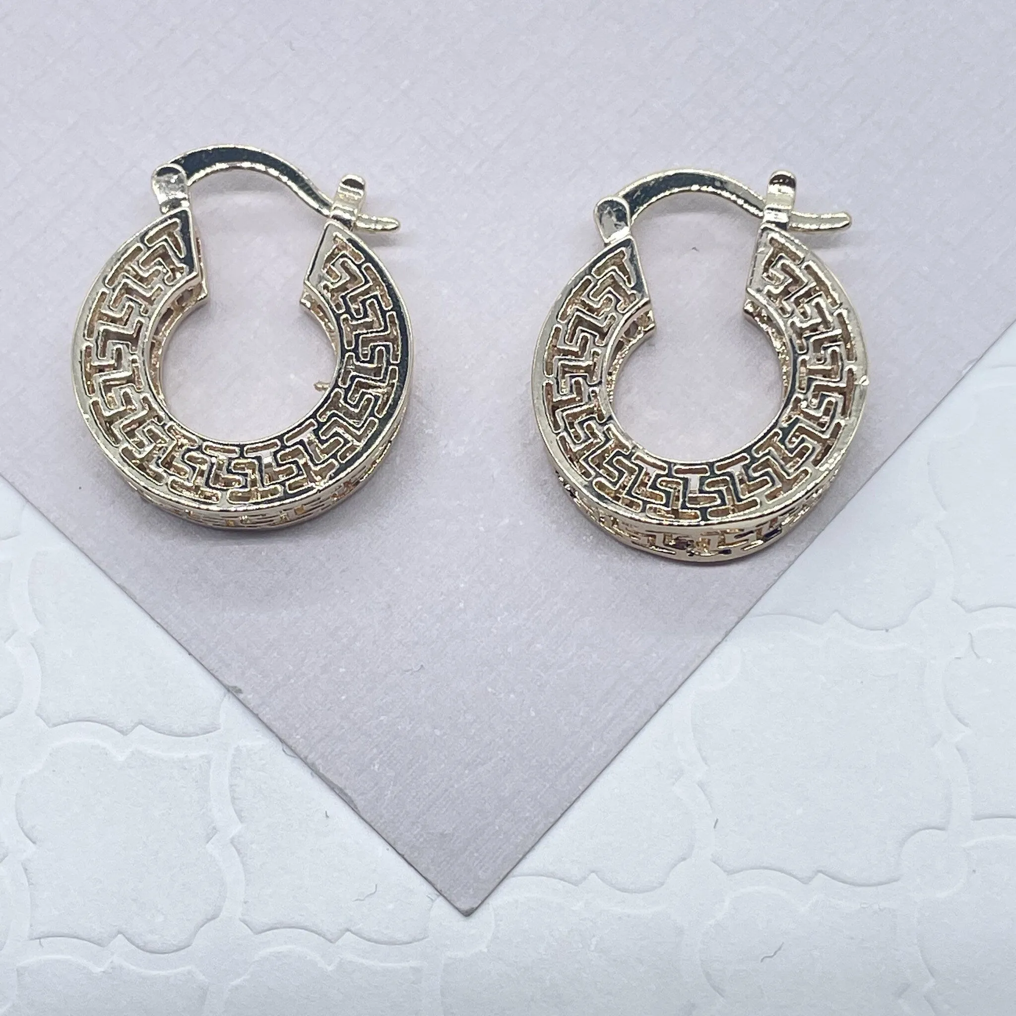 Gorgeous Unique 18k Gold Filled Geometric Three Sides Roman Patterned Hoop Earrings  Jewelry Luxury Fine Woman