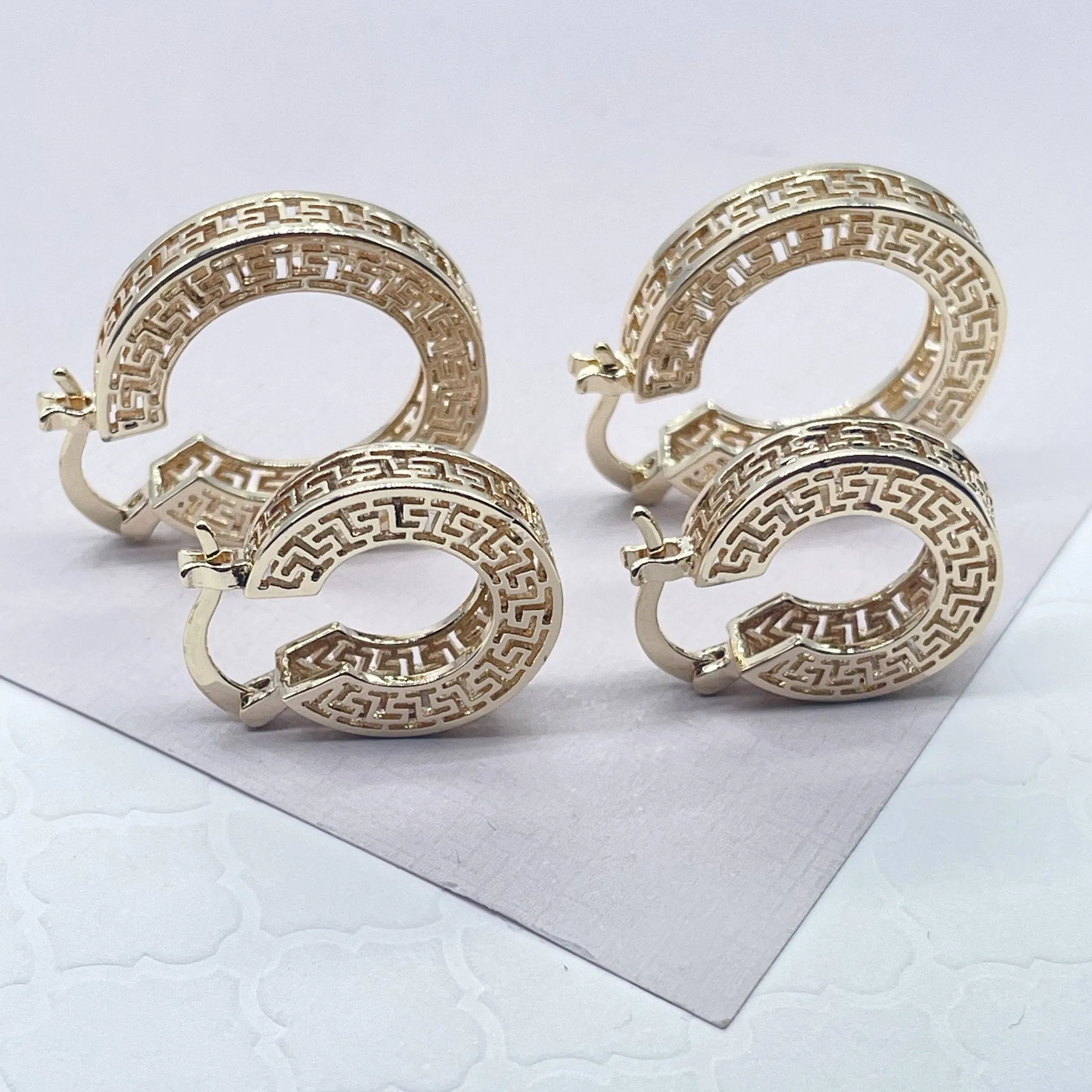 Gorgeous Unique 18k Gold Filled Geometric Three Sides Roman Patterned Hoop Earrings  Jewelry Luxury Fine Woman
