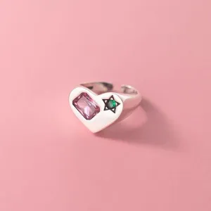 Great Gift Ideas - Trendy Elegant Simple Sparkling Pink Zircon Green Star LOVE Heart Ring