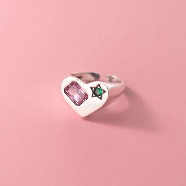 Great Gift Ideas - Trendy Elegant Simple Sparkling Pink Zircon Green Star LOVE Heart Ring