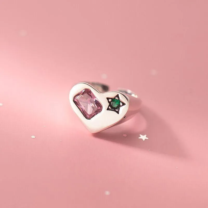 Great Gift Ideas - Trendy Elegant Simple Sparkling Pink Zircon Green Star LOVE Heart Ring