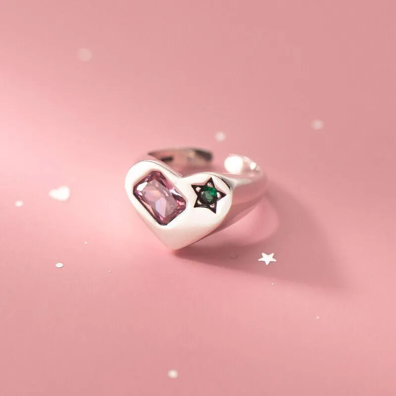 Great Gift Ideas - Trendy Elegant Simple Sparkling Pink Zircon Green Star LOVE Heart Ring