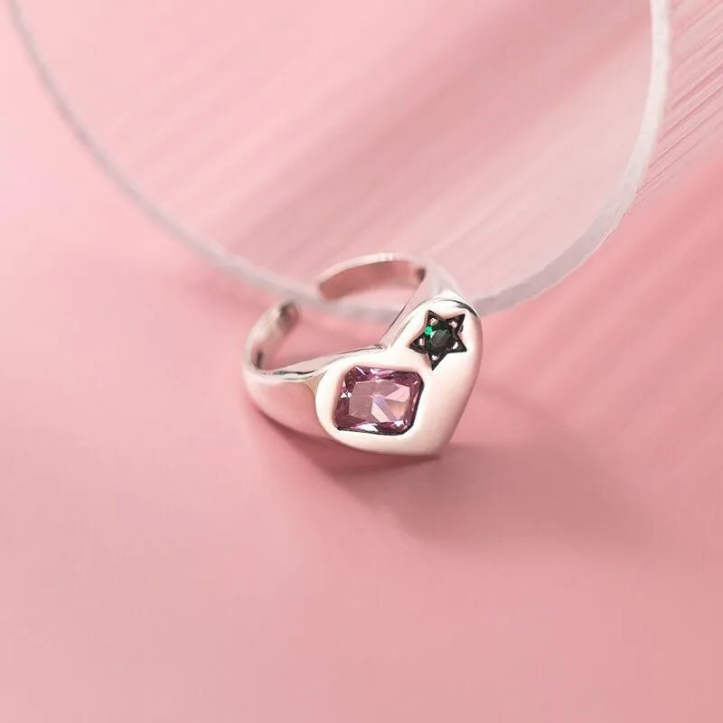 Great Gift Ideas - Trendy Elegant Simple Sparkling Pink Zircon Green Star LOVE Heart Ring