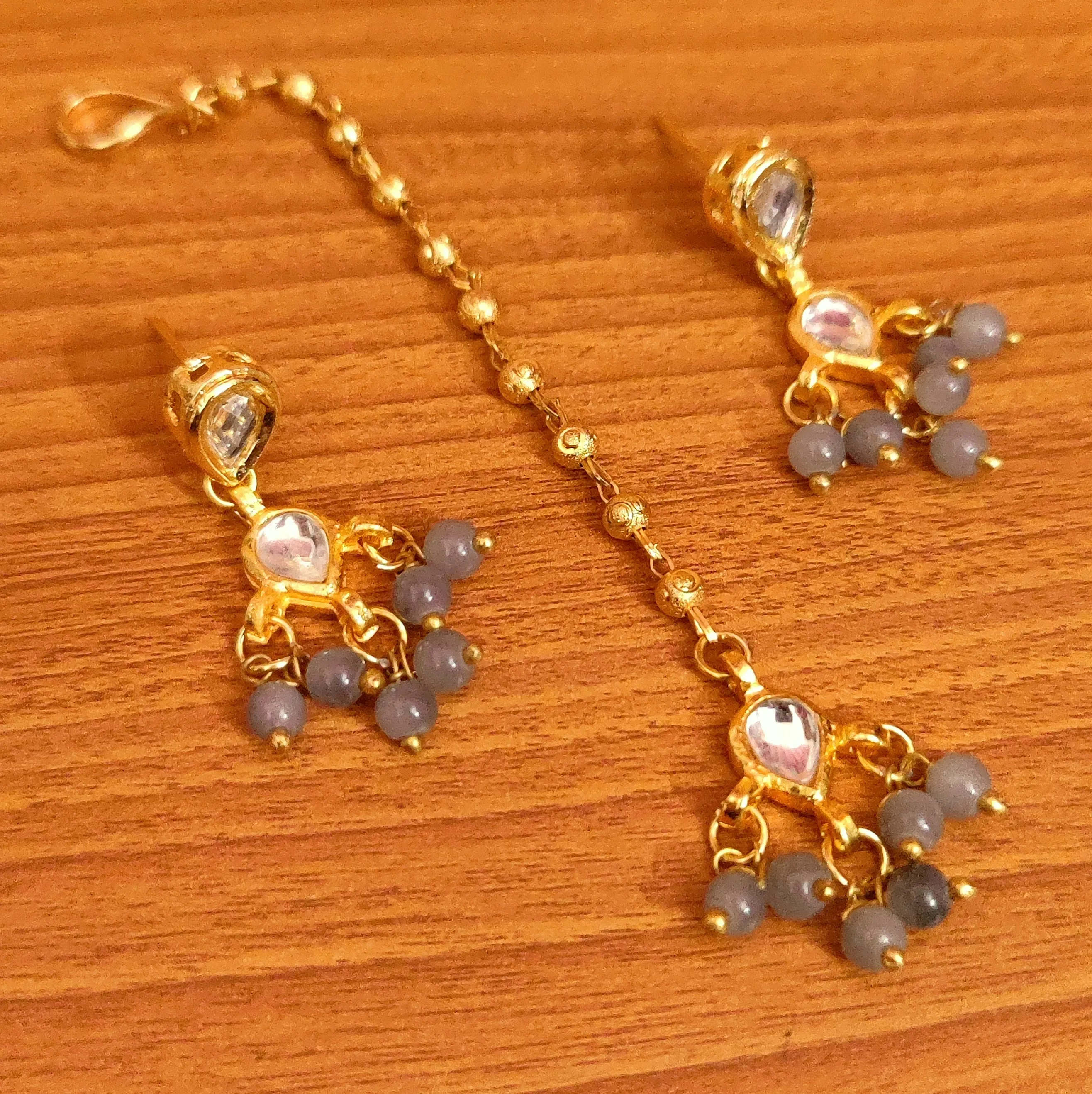 GREY KUNDAN POLKI EARRINGS & TIKKA