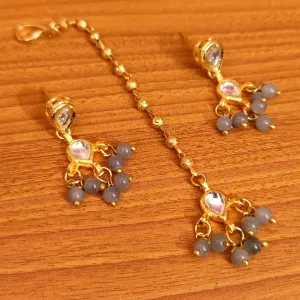 GREY KUNDAN POLKI EARRINGS & TIKKA