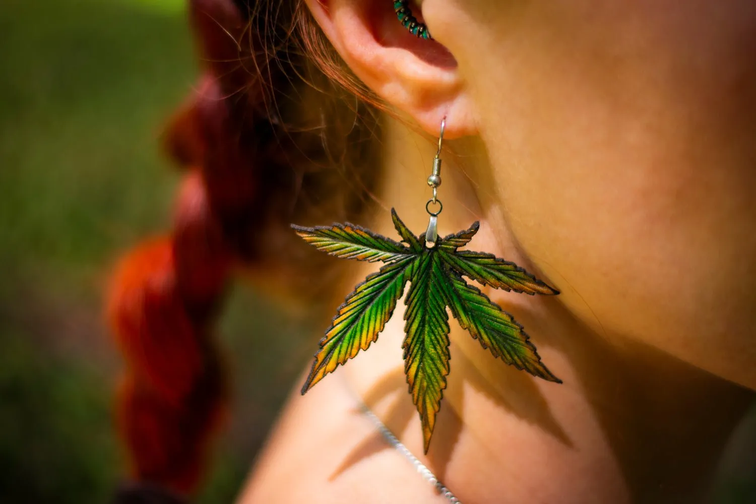 Handcrafted Leather Cannabis Leaf Earrings - Green - Artistic Marijuana-Inspired Jewelry