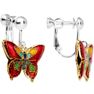Handcrafted Red Cloisonne Butterfly Clip Earrings