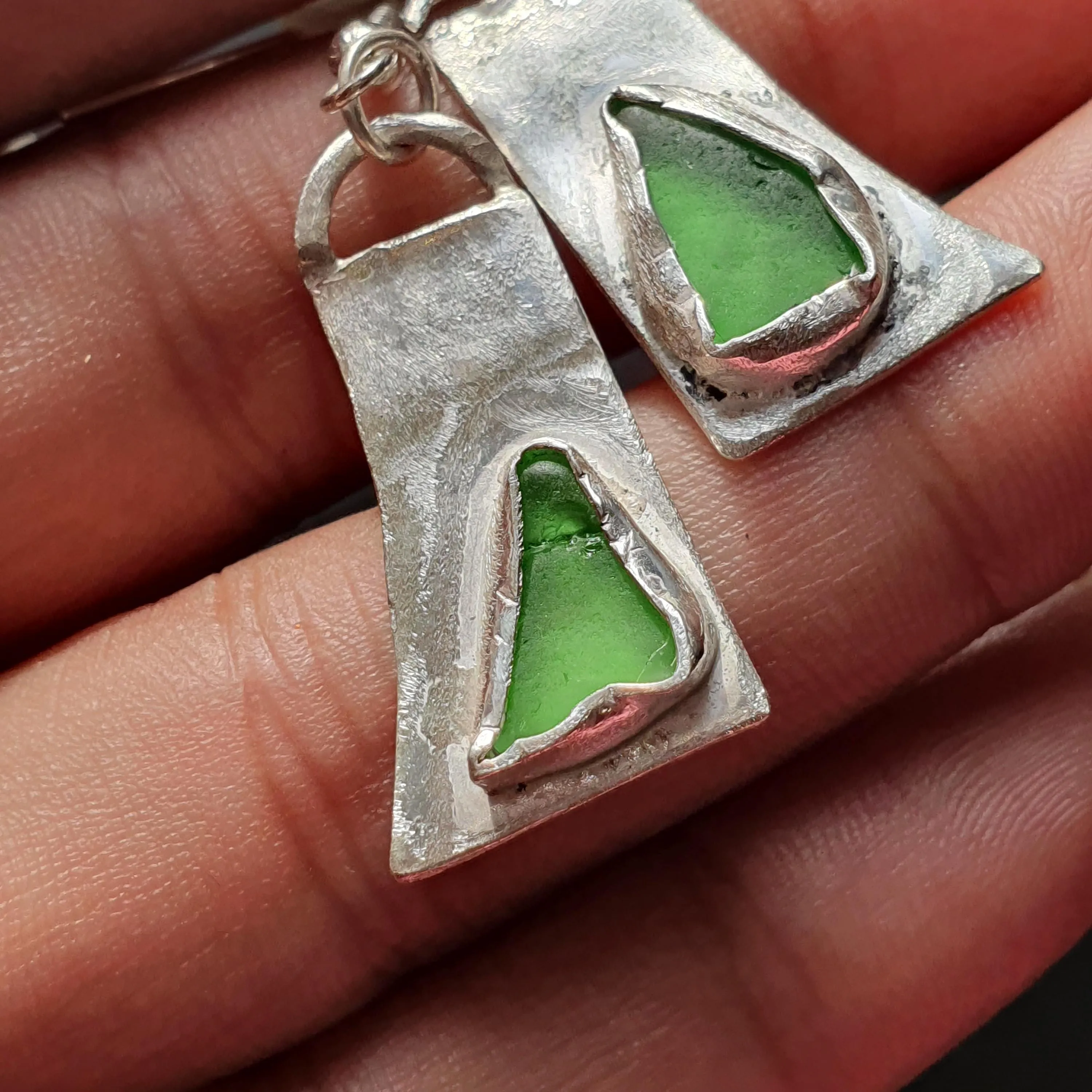 Handcrafted Silver Earrings with Green Sea Glass Accents made in Sterling Silver 925 great for Gifts add a touch of Rustic Elegance