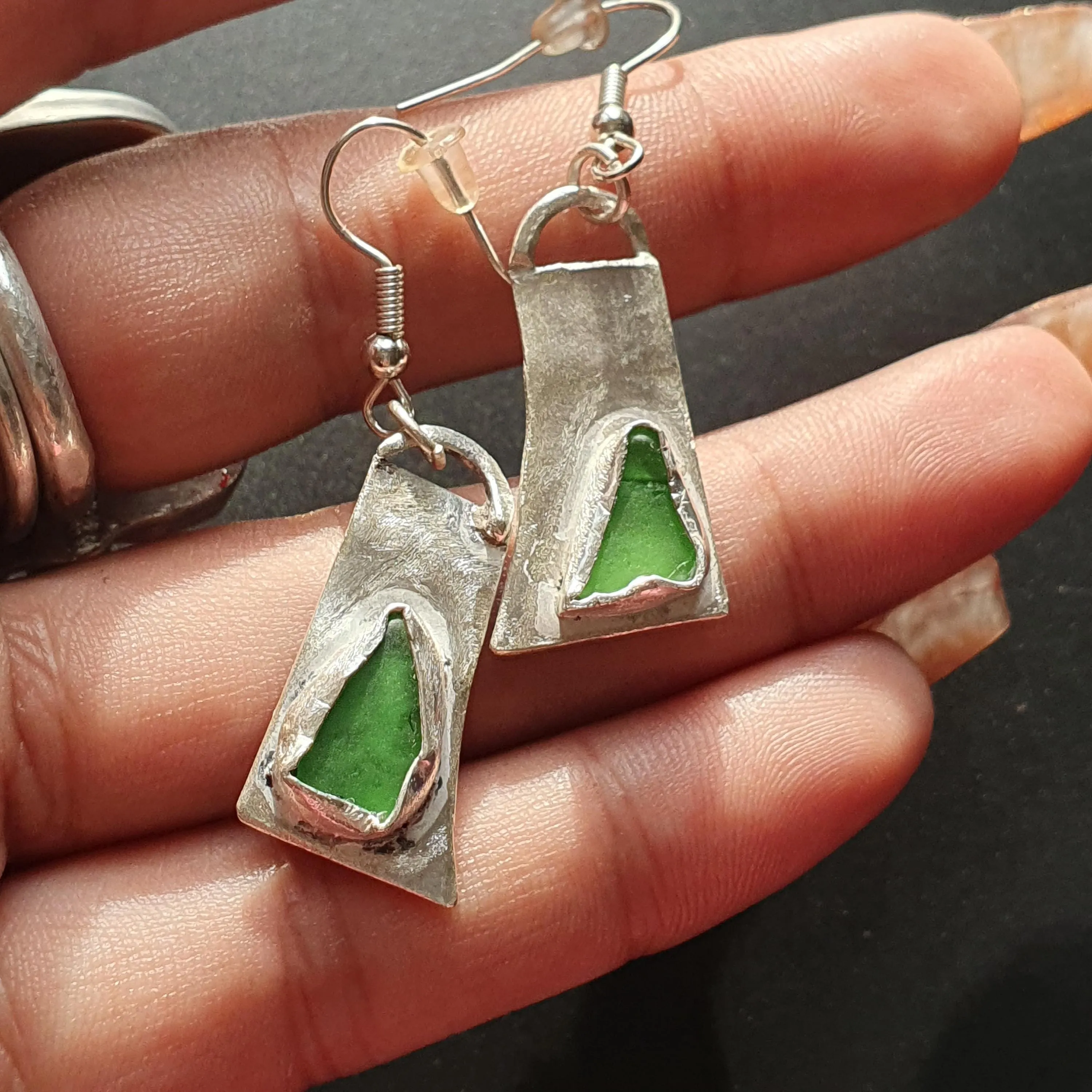 Handcrafted Silver Earrings with Green Sea Glass Accents made in Sterling Silver 925 great for Gifts add a touch of Rustic Elegance
