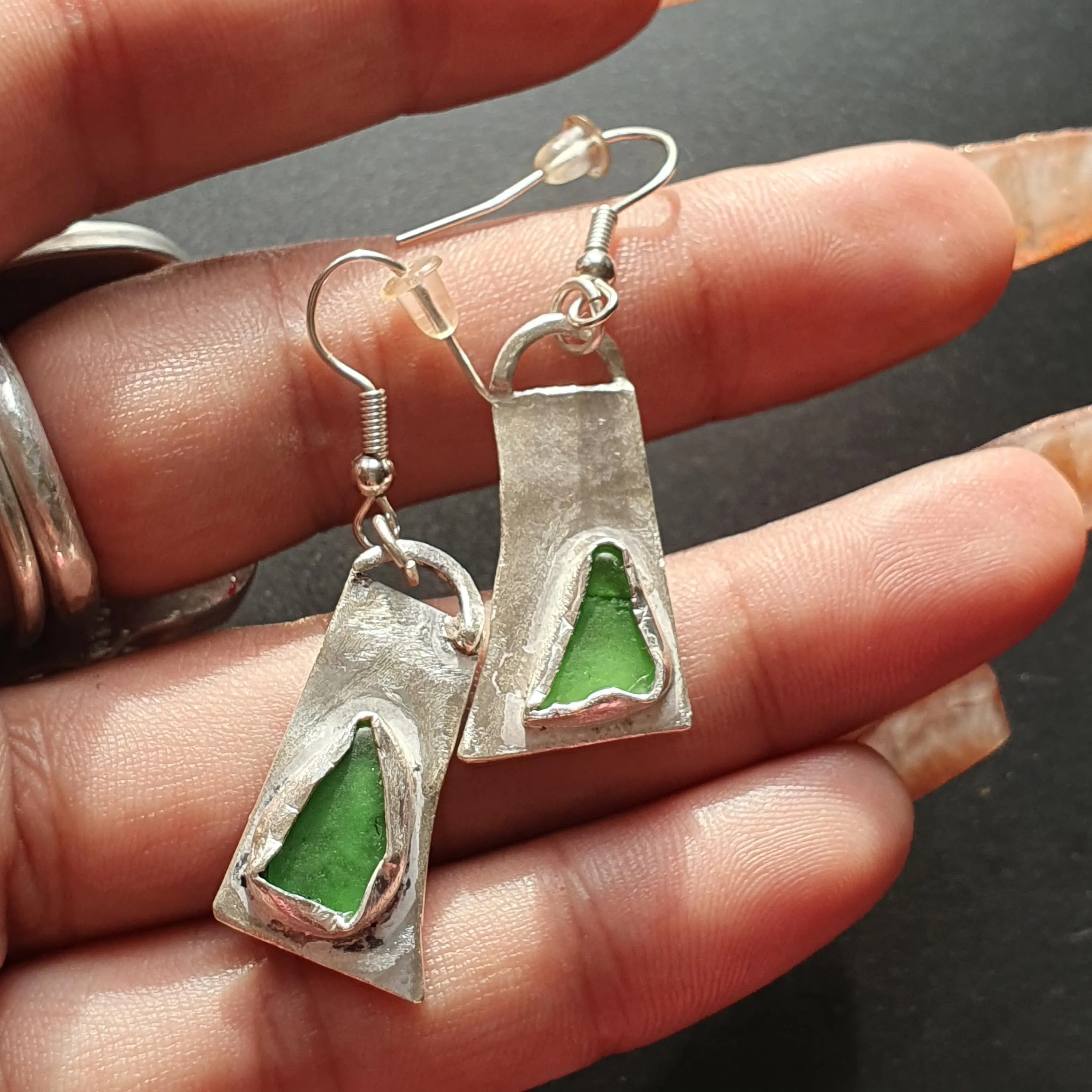 Handcrafted Silver Earrings with Green Sea Glass Accents made in Sterling Silver 925 great for Gifts add a touch of Rustic Elegance