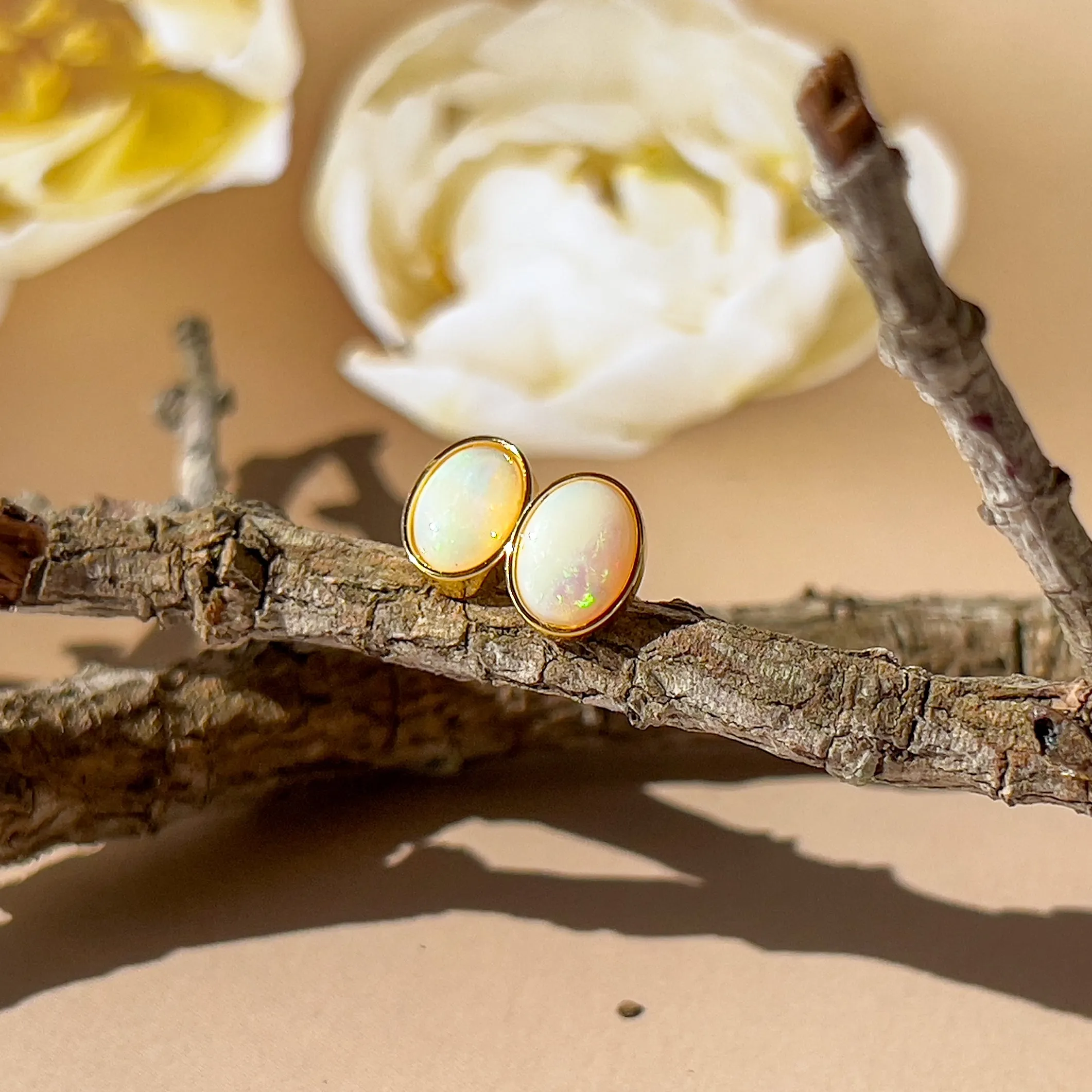 Handmade Opal Stud Earrings - Gold/Silver | Dainty & Minimalist | Cute Gift for Her | Crystal & Fire Opal Jewelry 8x6mm