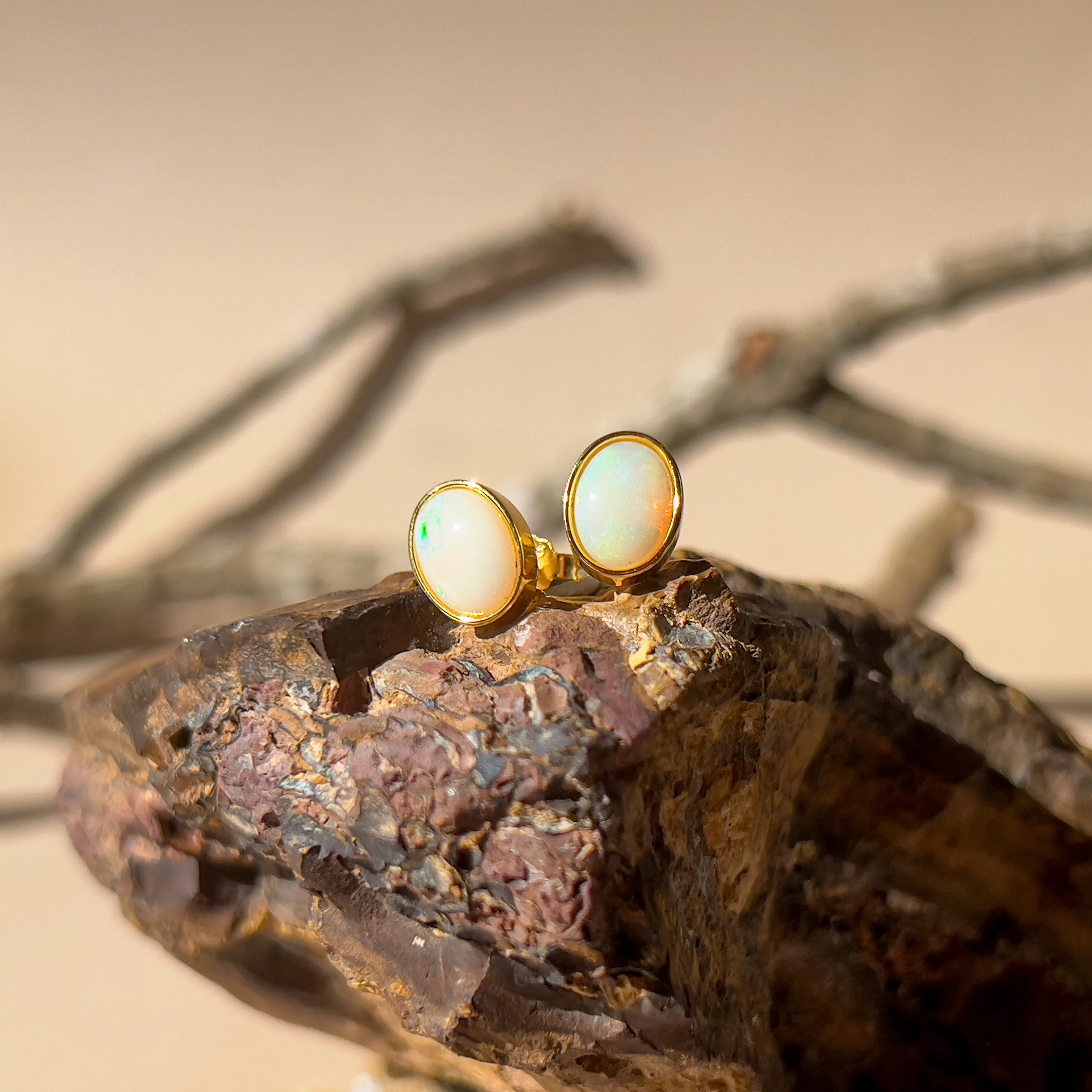 Handmade Opal Stud Earrings - Gold/Silver | Dainty & Minimalist | Cute Gift for Her | Crystal & Fire Opal Jewelry 8x6mm