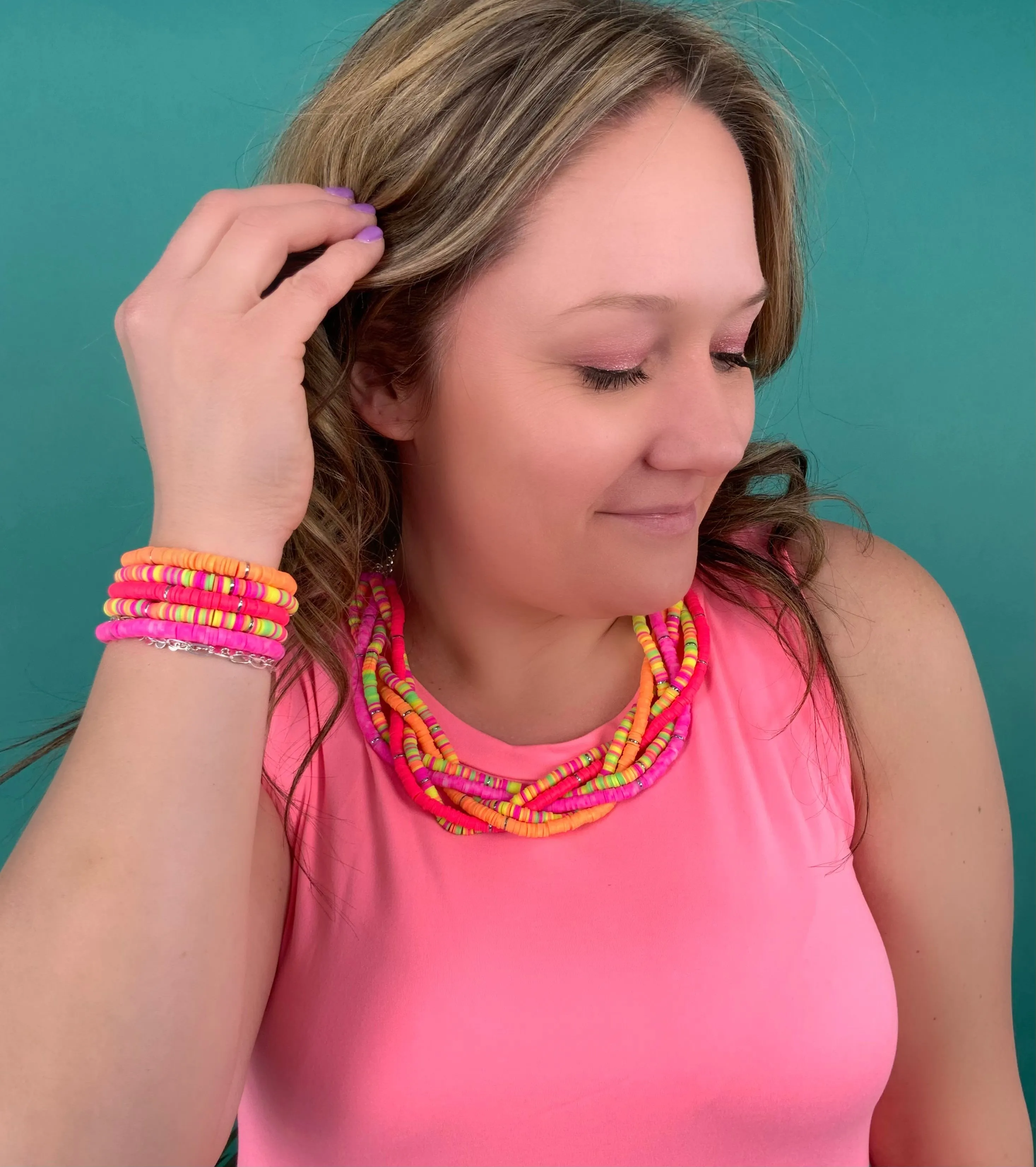 Heishi Braided Statement Necklace in Neon Lights