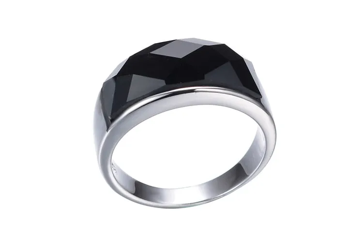 High-Quality Black Crystal 925 Sterling Silver Men Finger Ring