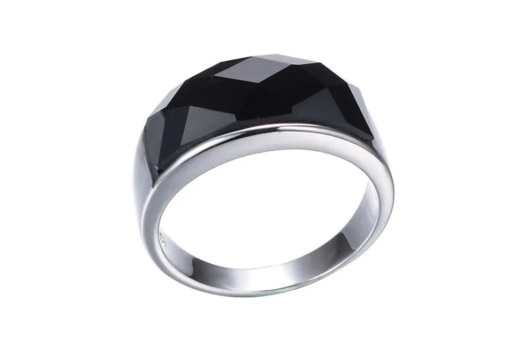 High-Quality Black Crystal 925 Sterling Silver Men Finger Ring