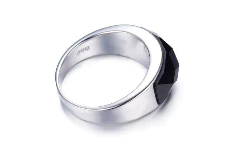 High-Quality Black Crystal 925 Sterling Silver Men Finger Ring
