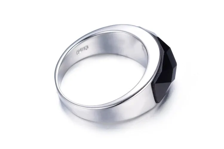 High-Quality Black Crystal 925 Sterling Silver Men Finger Ring