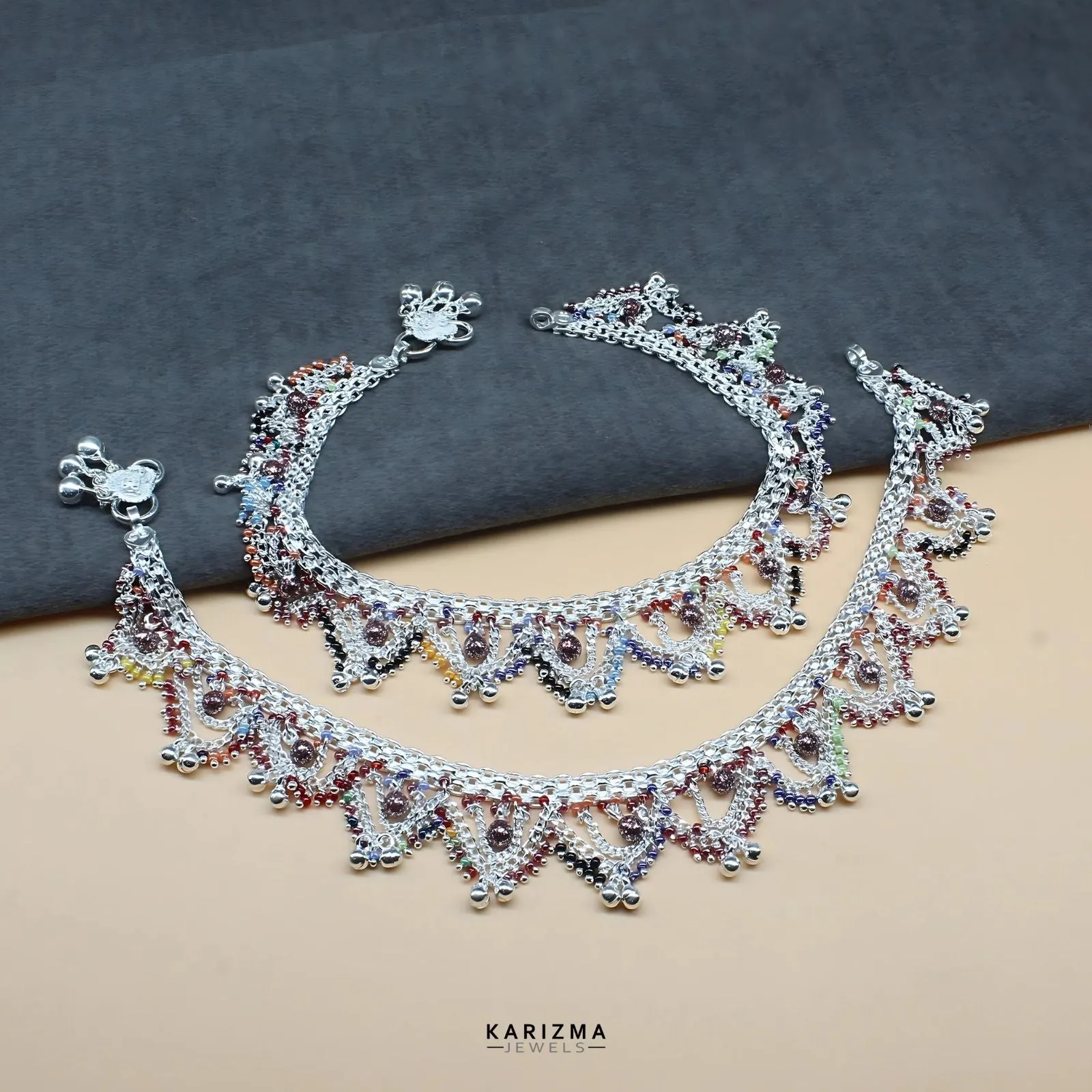 Indian wedding collection Real Silver Multi Beads women jhallar Anklets Ankle Pair 10.5"