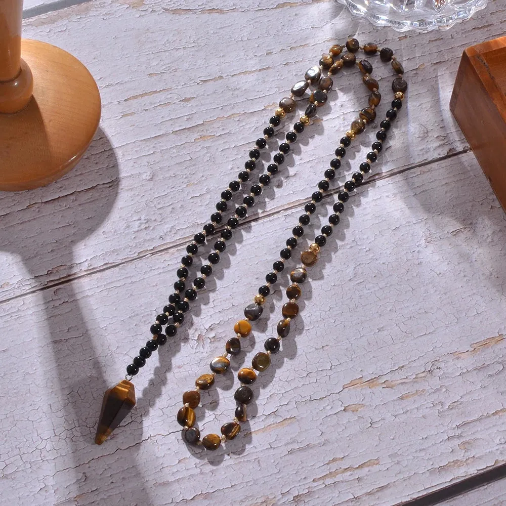 Irregular Yellow Tiger Eye Black Onyx Beads Knotted 108 Mala Necklace Meditation Yoga Prayer Rosary