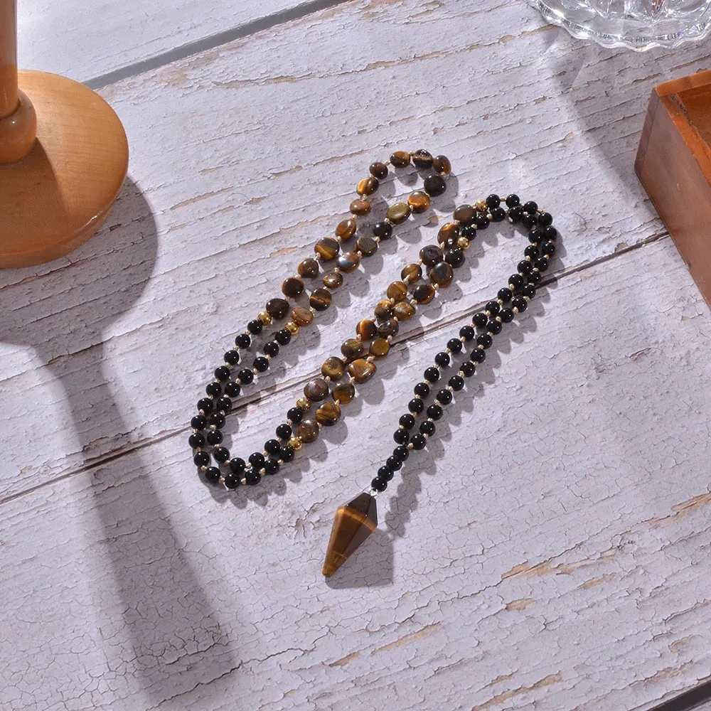 Irregular Yellow Tiger Eye Black Onyx Beads Knotted 108 Mala Necklace Meditation Yoga Prayer Rosary