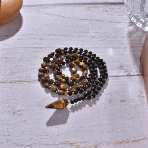 Irregular Yellow Tiger Eye Black Onyx Beads Knotted 108 Mala Necklace Meditation Yoga Prayer Rosary
