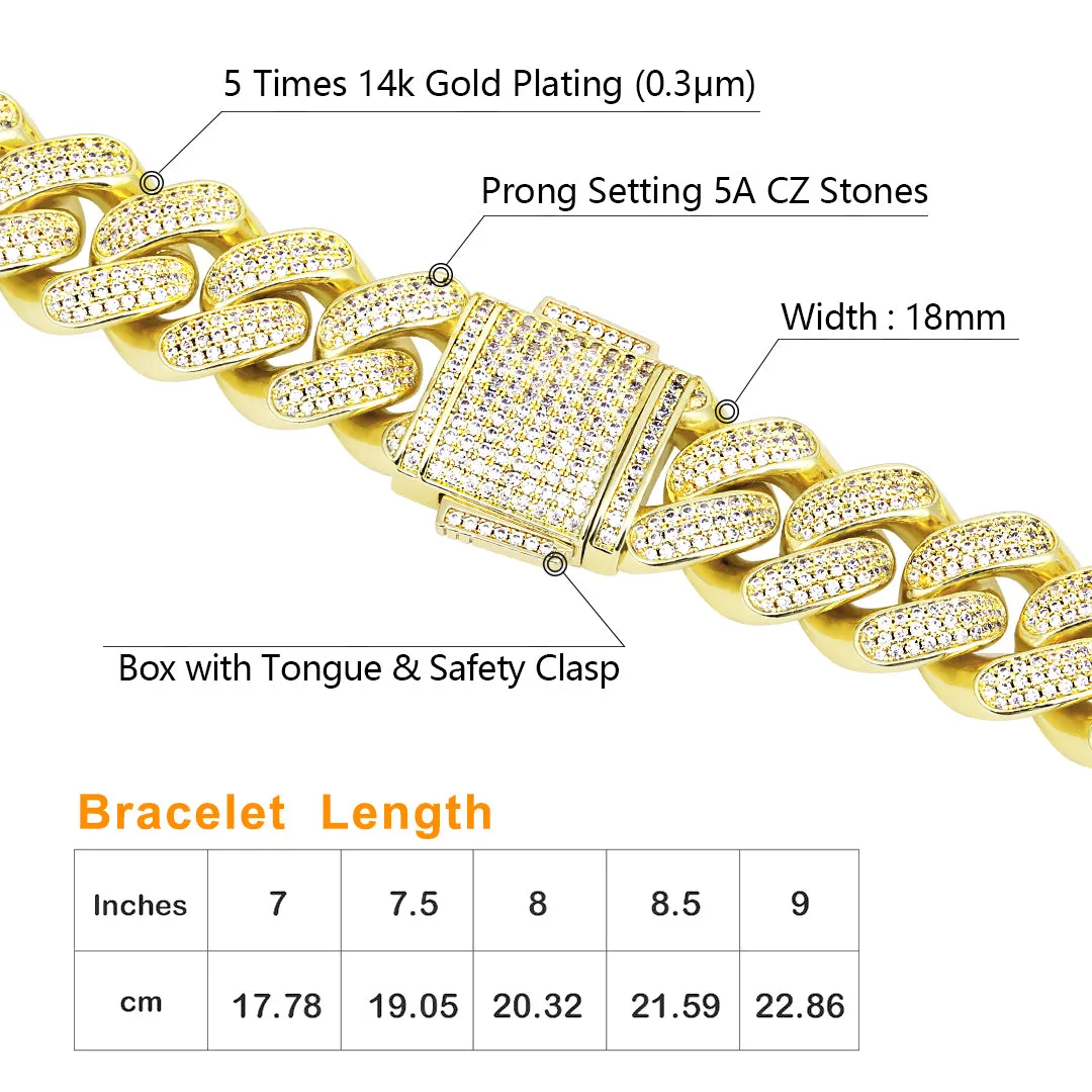 KRKC 18mm Iced Out Mens Cuban Chain and Bracelet Set in 14K Gold