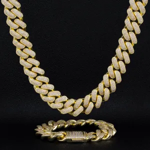 KRKC 18mm Iced Out Mens Cuban Chain and Bracelet Set in 14K Gold