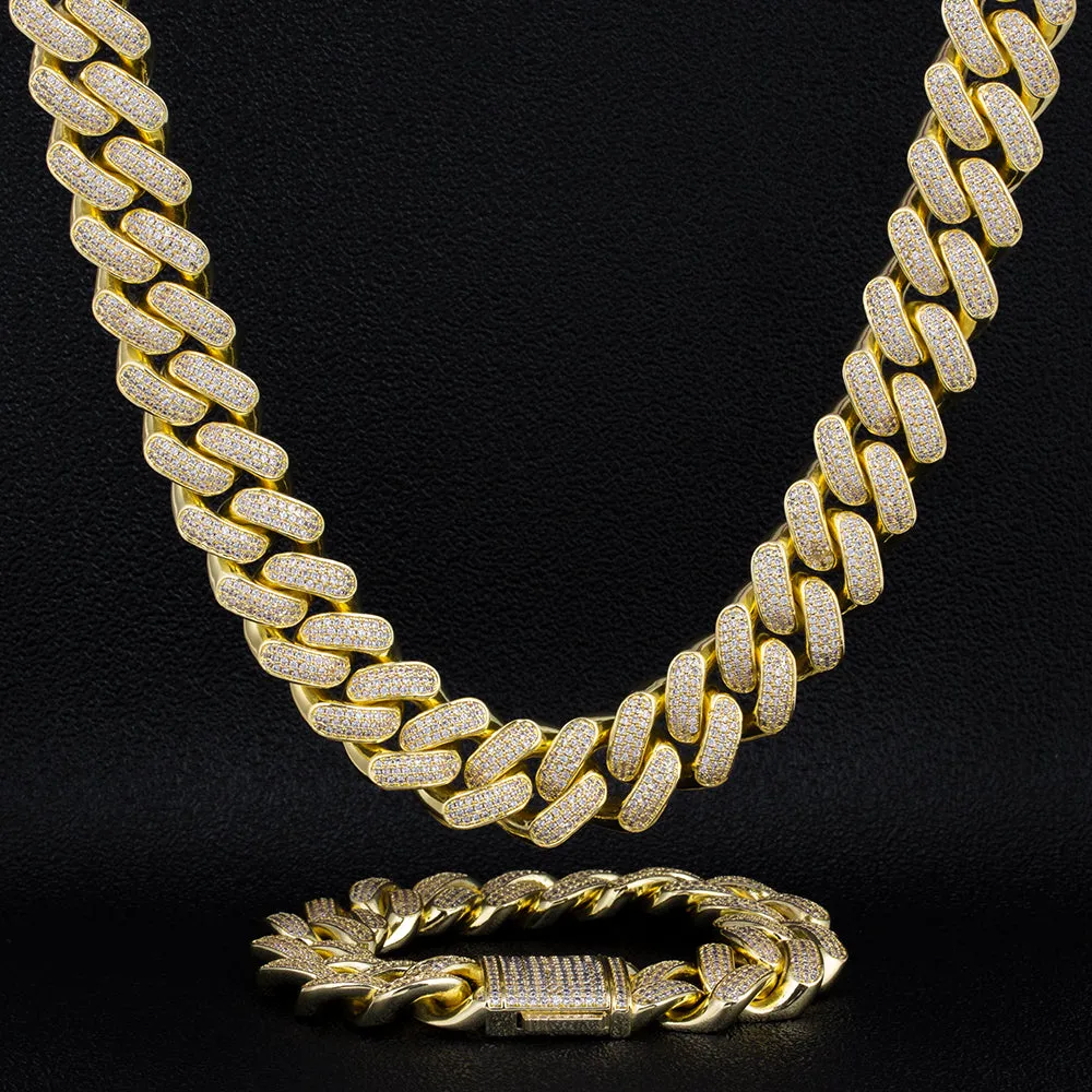 KRKC 18mm Iced Out Mens Cuban Chain and Bracelet Set in 14K Gold