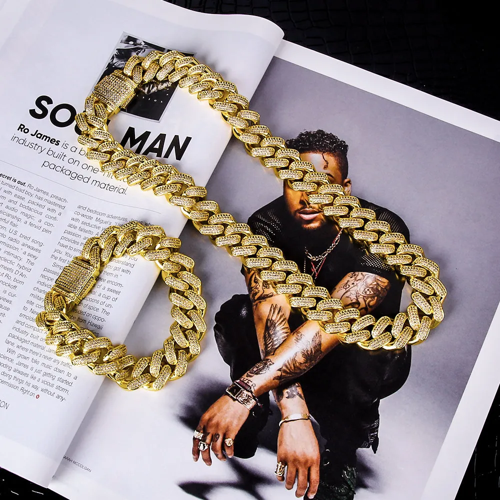 KRKC 18mm Iced Out Mens Cuban Chain and Bracelet Set in 14K Gold