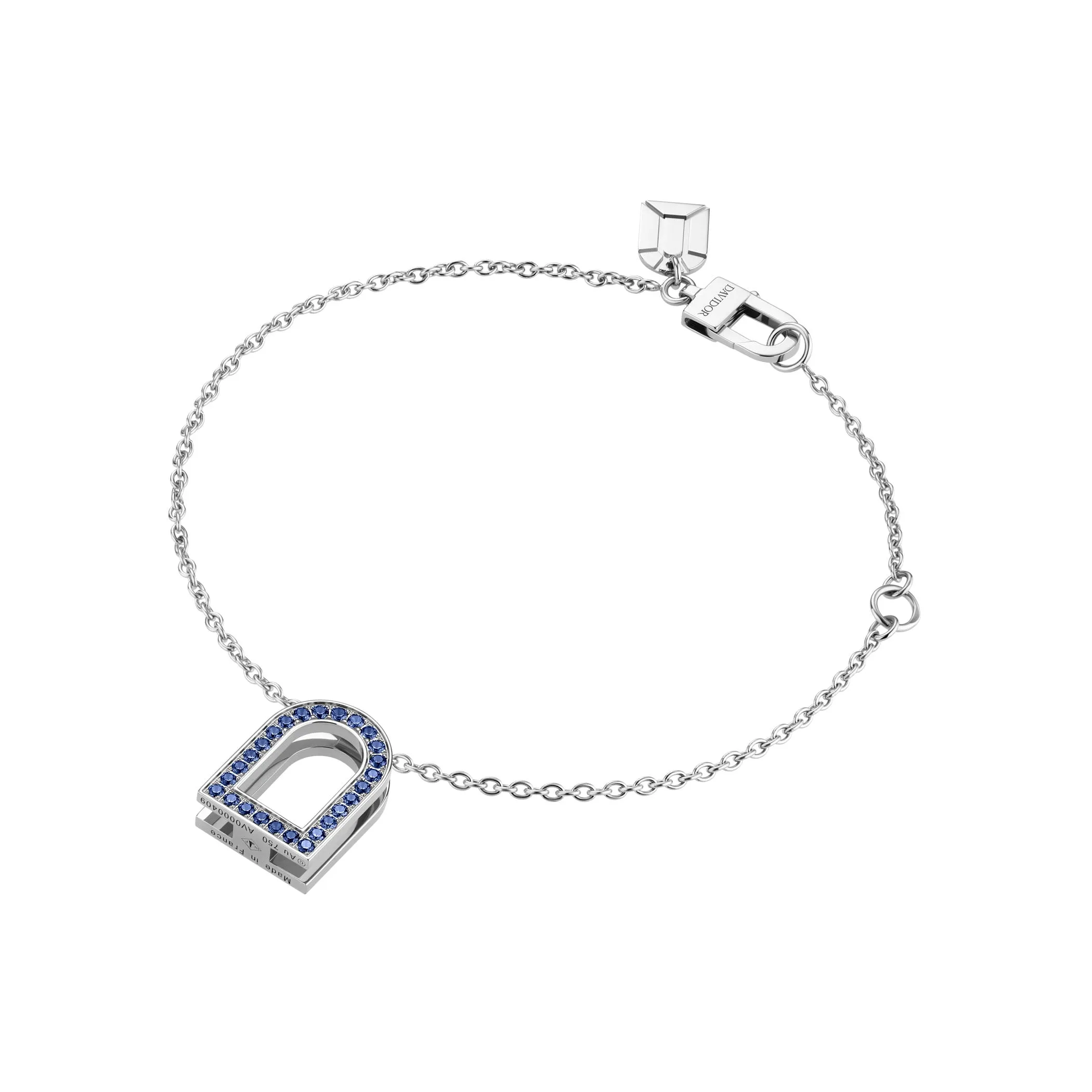 L'Arc Voyage Charm MM, 18k White Gold with Galerie Blue Sapphires on Chain Bracelet