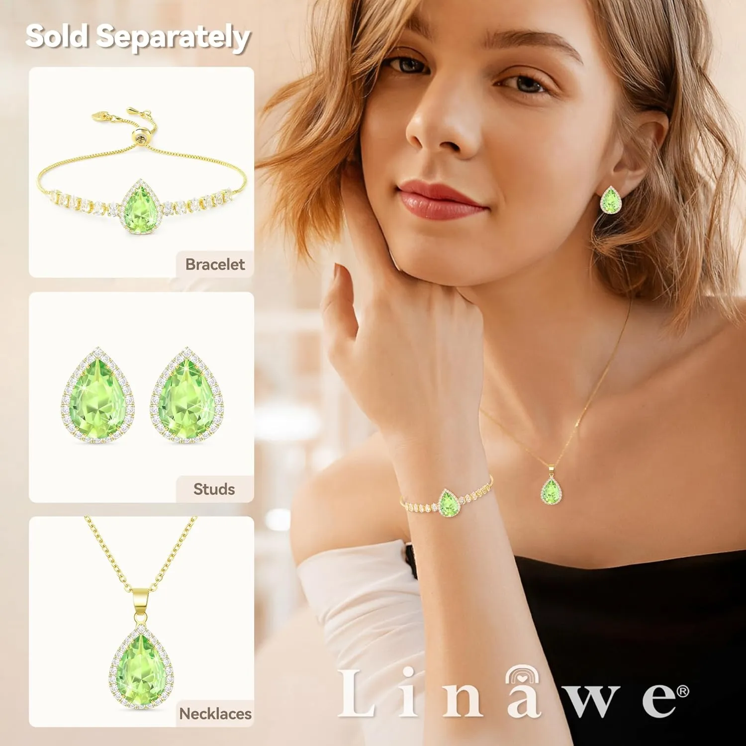 Linawe Crystal Chain Necklace for Women Trendy, Imitation Diamond Pendant, Statement Cubic Zirconia Boho Jewelry Set, 14K Gold/Rose Gold/Silver Birthstone Necklace
