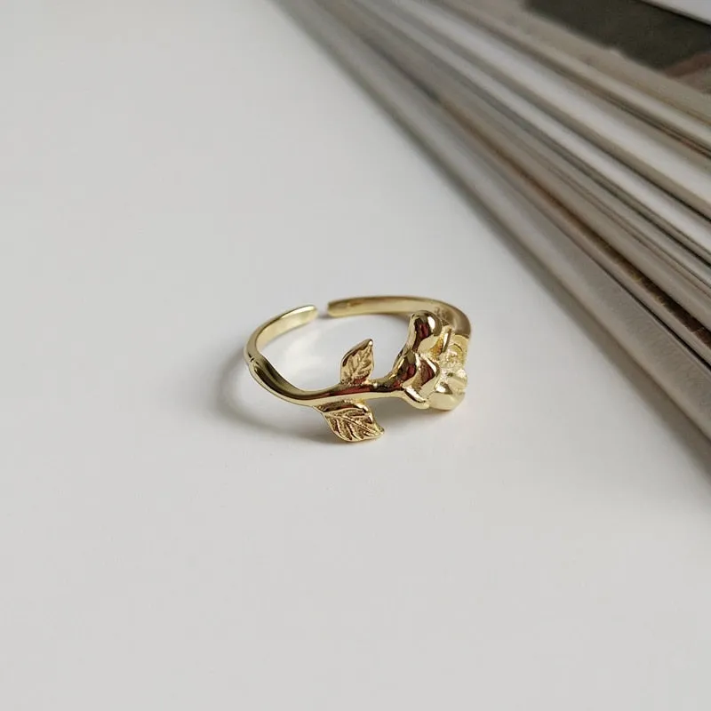 LouLeur new 925 sterling silver gold rose flower rings fashion charm