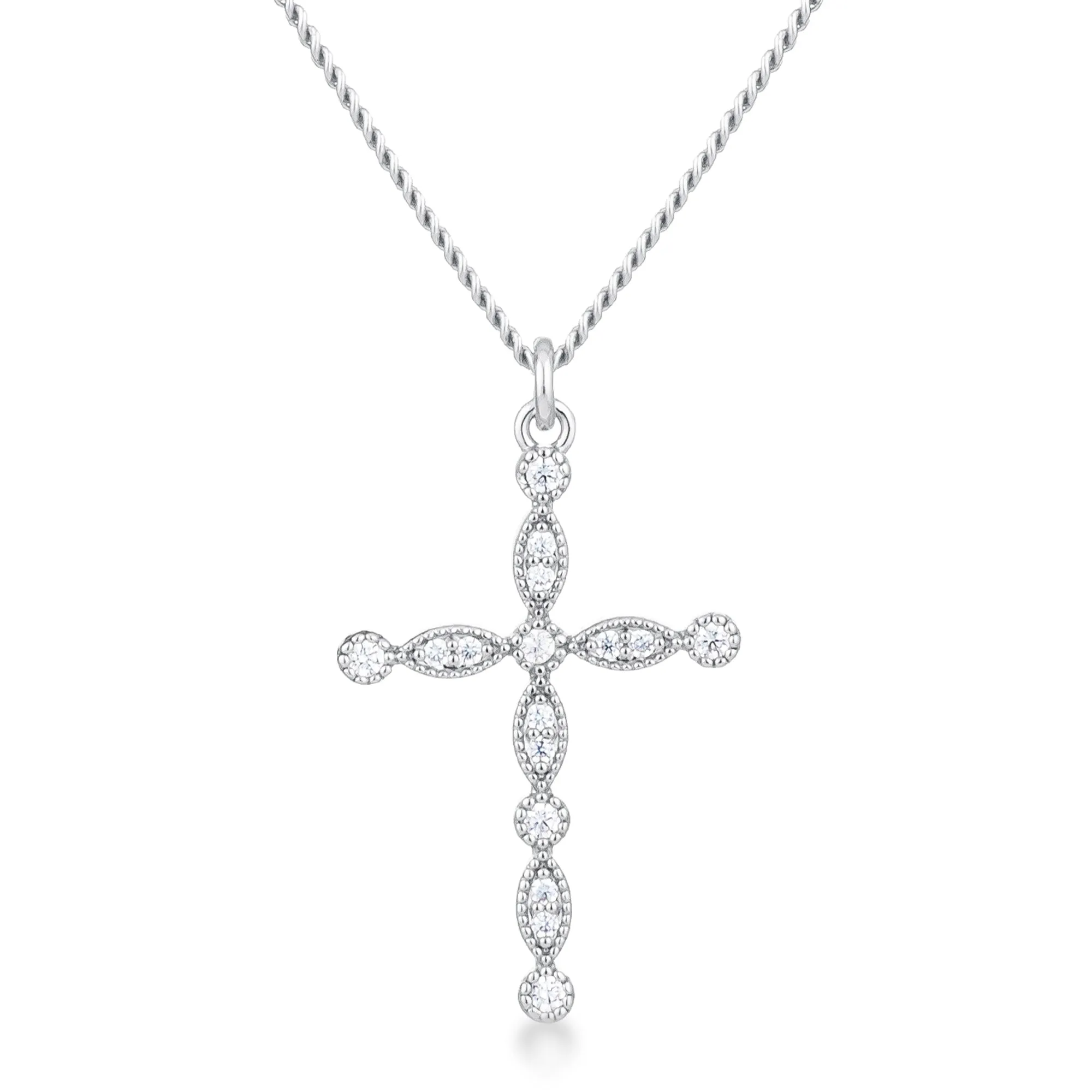 LOVCIA Timeless Rhodium-Plated CZ Cross Necklace with Vintage Charm