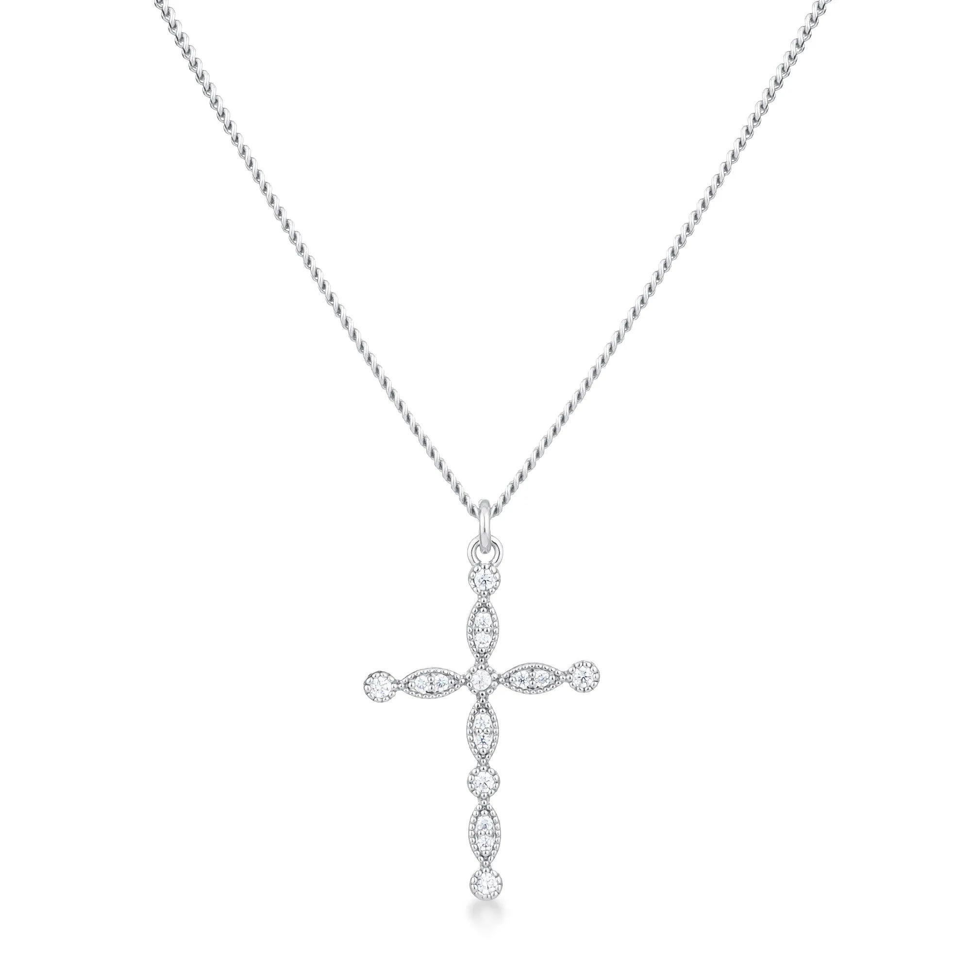 LOVCIA Timeless Rhodium-Plated CZ Cross Necklace with Vintage Charm
