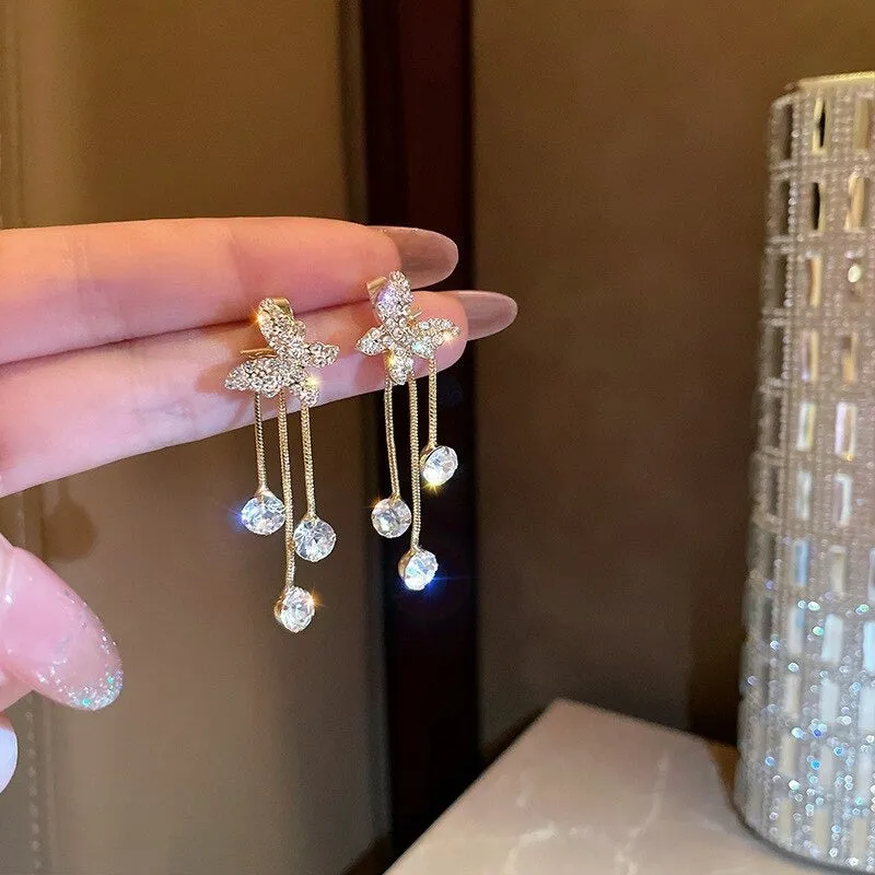 Luxurious Women's Rhinestone Tassel Dangle Stud Earrings