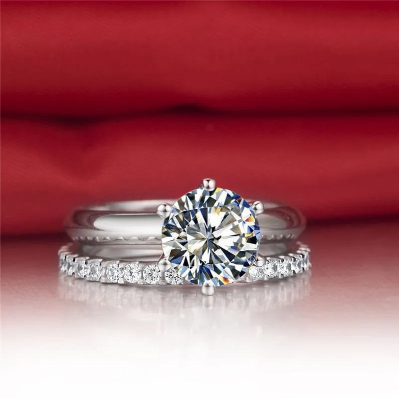 Luxury 1.5Ct Zircon Rings Set Solid White Tibetan Silver Wedding Band Set for Women Stackable Ring Allergy Free Jewelry